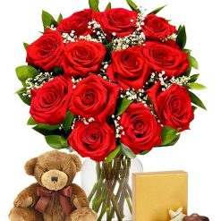 One Dozen Long Stem Roses With Chocolate and Teddy Bear